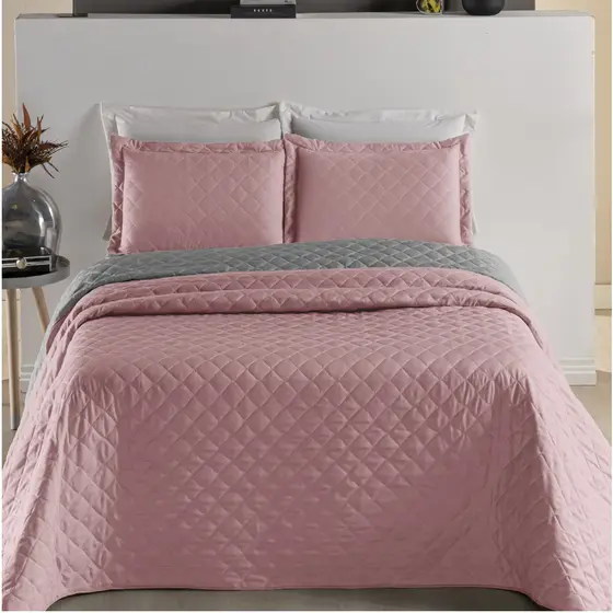 Kit Cobre Leito Realeza Cama King Colcha Dupla Face 03 Peças Rosa Com Cinza