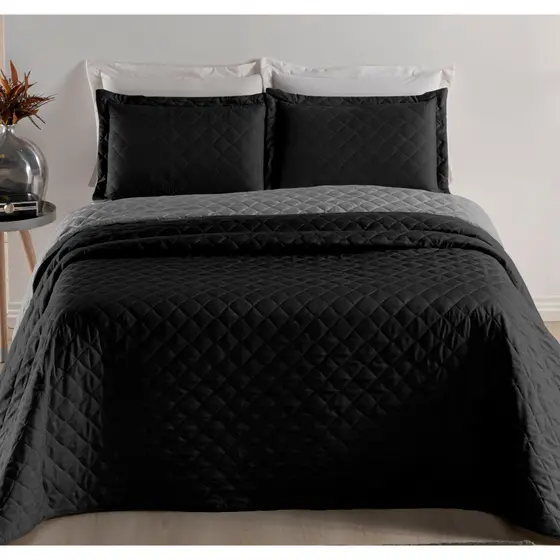Kit Cobre Leito Realeza Cama King Colcha Dupla Face 03 Peças Preto com Cinza