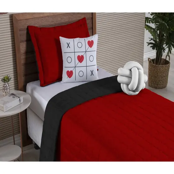 Cobre Leito Paris Cama Solteiro Colcha Dupla Face 5 Peças Vermelho com Preto