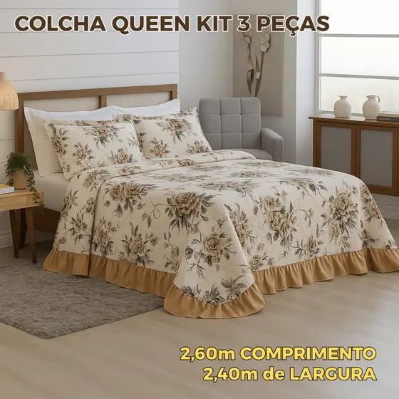 Colcha Queen Cama Posta Box Tecido Estampado Com Babado Cores Vivas