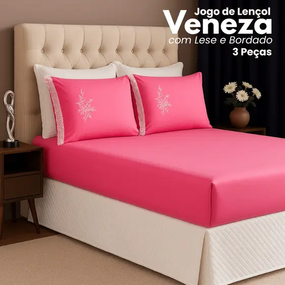 Jogo de Lençol Veneza Cama Casal Com Lese e Bordado 3 Peças para o Dia a Dia Cores