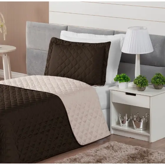 Kit Cobre Leito Realeza Cama Solteiro Colcha Dupla Face 02 Peças Marrom com Avelã