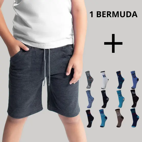 Kit Dia das Crianças Bermuda Infantil + 12 Pares de Meias Cano médio