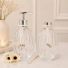Kit Aromatizador/Porta Sabonete Líquido Vidro Gomos Transparente, Porta Sabonete e Difusor Luxo Prata com Varetas 300ml