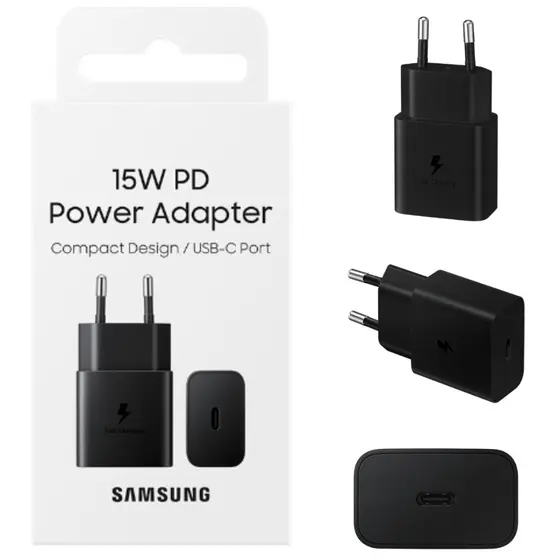 Carregador USB-C Turbo de Parede Samsung Rápido 15W, com cabo, Bivolt Preto