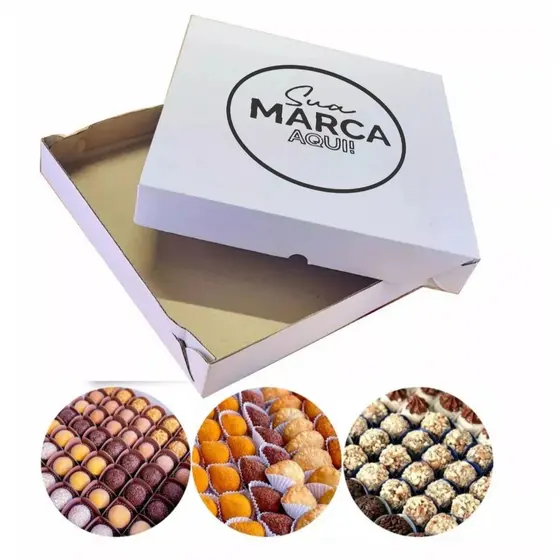 caixa personalizada para doces, salgados e pizzas com sua logo tamanhos 25/30/35 branca/pardo kit 50