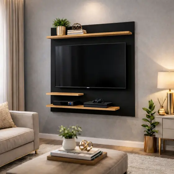 Painel para TV Suspenso com Prateleiras e Nichos – Painel Decorativo Moderno para Sala
