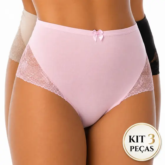 Kit 3 Calcinhas Calçola Cintura Alta Renda Microfibra Conforto