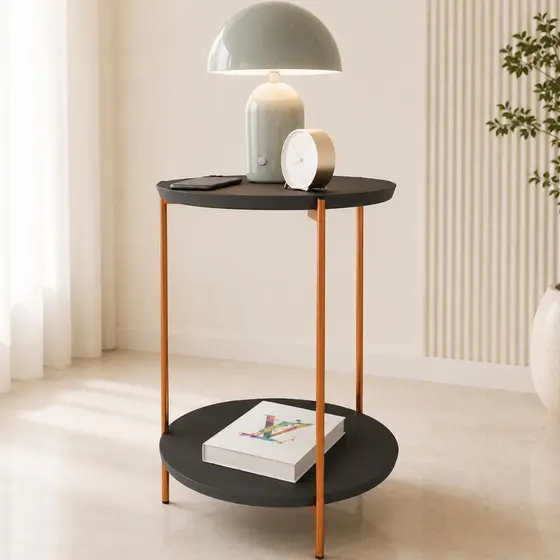 Mesa Lateral para Sala com Tampo em MDF Preta e Pés de Ferro Bronze Mesa de Apoio Duda - Ofertamo