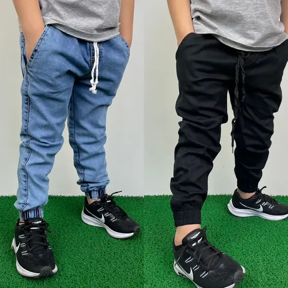 Kit 2 Cal莽as Jogger Jeans Sarja Menino Punho Elastico