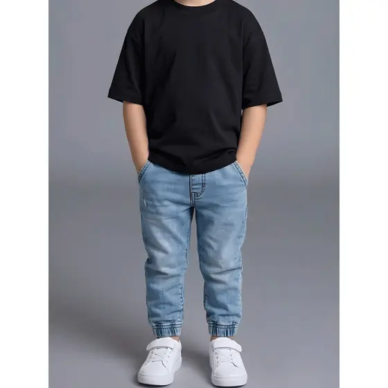 Calça Jeans Jogger Infantil Juvenil Menino Bolsos Laterais e Elastano Punho Elastico Moda Infantil Casual e Moderna