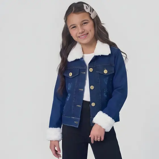 Jaqueta Jeans Infantil Menina de Pelinho e Botão Quente e Confortável Moda de Inverno Elegante
