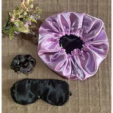 Touca de cetim antifrizz p/ dormir + 01 máscara de seda + 01 xuxinha seda