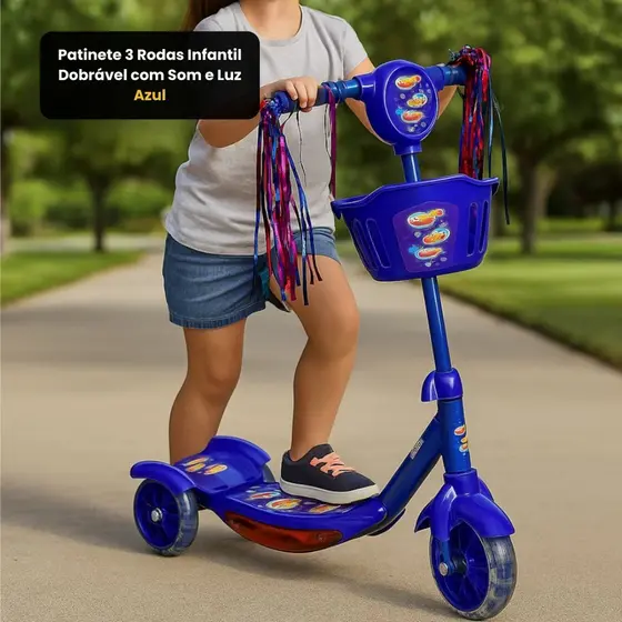 Patinete 3 Rodas Infantil Dobrável com Som e Luz - Azul - 1 Patinete 3 Rodas Infantil Dobrável