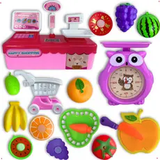 Mercadinho Brinquedo Quitanda Carrinho De Compras Infantil Coruja Caixa Registradora Frutas Velcro