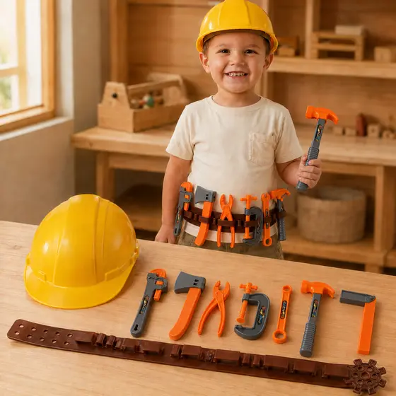 Kit Ferramentas De Brinquedo Cinto de Ferramentas Capacete Infantil 9 Peças Kit Engenheiro