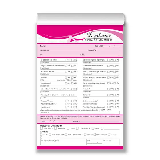 Ficha Anamnese para Depilação CheckList Cliente Bloco 100 Fl