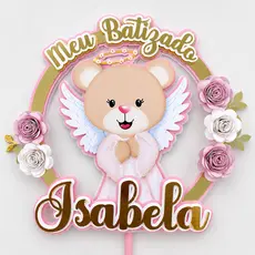 Topo de bolo Batizado Ursinha Anjinha | Personalizado com Nome • Menino ou Menina • Camadas 2D Papel Fotográfico Luxo