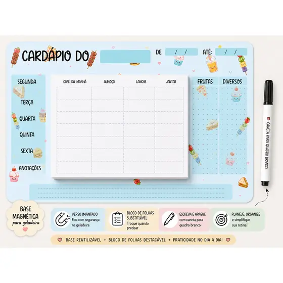 Cardápio Semanal Magnético para Geladeira | Planejador de Refeições com Bloco Refilável e Caneta