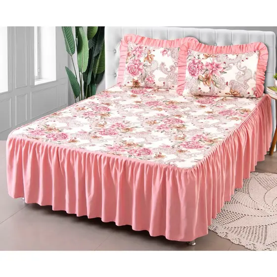 Kit Cobre leito Colcha Queen Floral Cobre-Leito com Babado + 2 Porta-Travesseiros – Facil de colocar