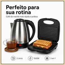 Chaleira Jarra Eletrica em Aço Inox, Sanduicheira 2 em 1Gril Seu Cafe da Manhão de Forma Pratica
