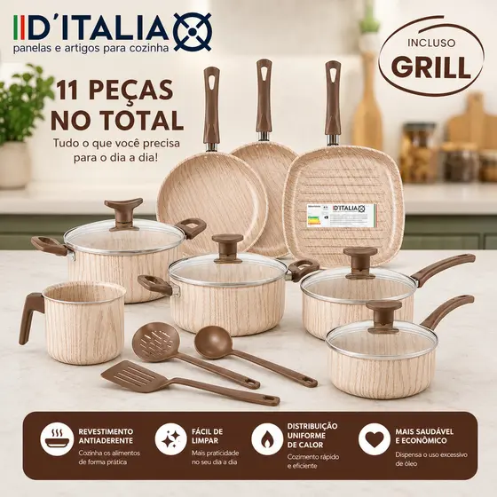 Jogo de Panelas Antiaderente 11 Peças com Chapa Grill - Com Tampas de Vidro e Utensílios, Cabos Térmicos