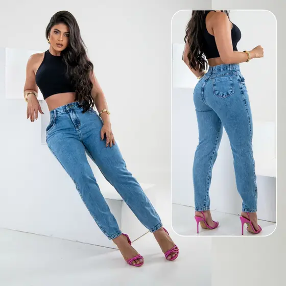 Cal莽a MOM Jeans Marmorizada 100% Algod茫o Cintura Alta Sem Lycra