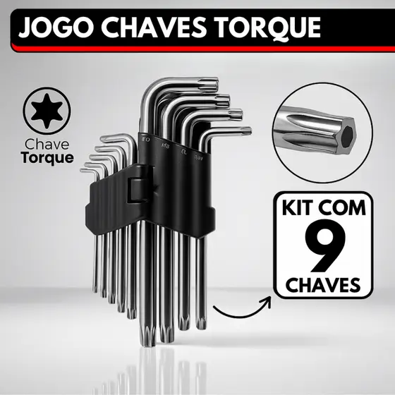 Jogo Chave Torque Kit com 9 Peças Torx Curta T10 até T50