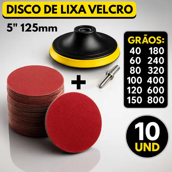Kit Base Suporte 125mm com Adaptador M14 + 10 Lixas Sem Furos Com Velcro 5" Furadeira Esmerilhadeira