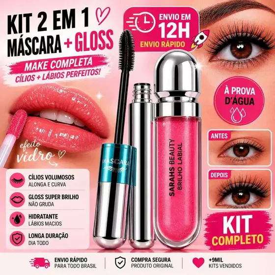 Kit Gloss ou Corretivo + Máscara Efeito Vidro | Cílios Volumosos