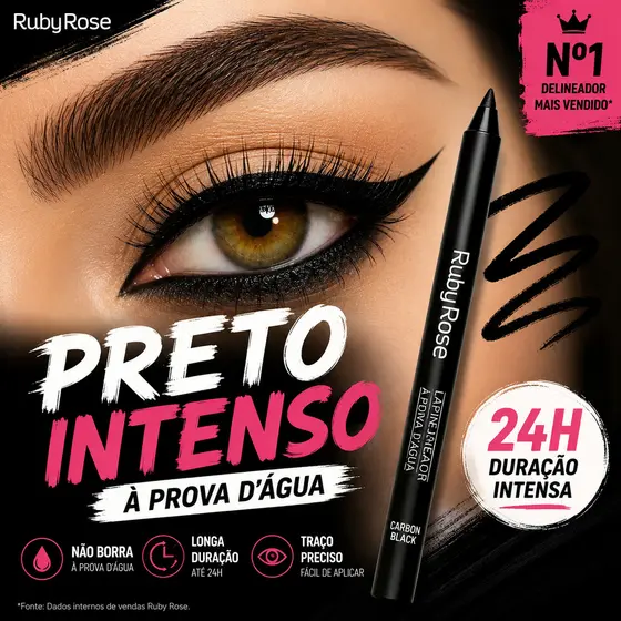 Lápis Delineador Ruby Rose Preto Intenso À Prova D'Água Longa Duração Carbon Black