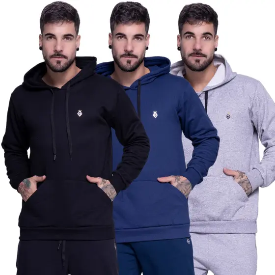 Kit 3 Blusa De Moletom Liso Masculino E Feminino Capuz Heyju