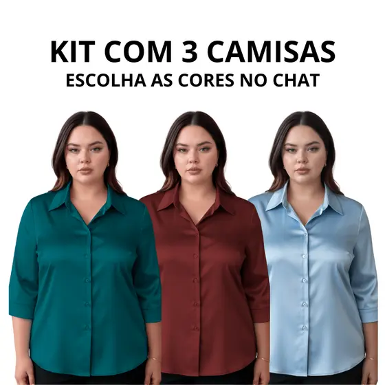 Kit 3 Camisa Social Feminina Plus Size Manga 3/4 Camisa Feminina Social Extra Grande De Microleve Com Elastano