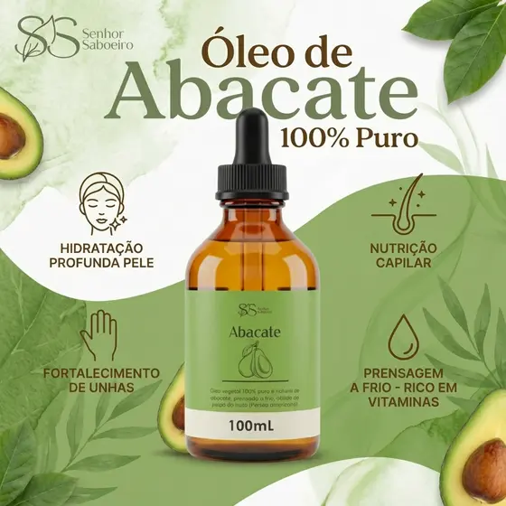 Óleo de Abacate 100% Puro Concentrado Extraído à Frio para Pele e Cabelo