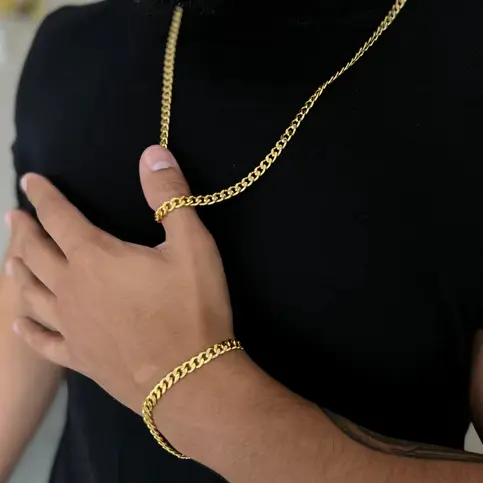 Conjunto Corrente kit 2 peças Colares e Pulseiras Masculina Banhadas Ouro ou Prata 18K 3mm