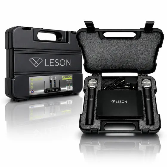 Microfone Sem Fio Duplo Leson Fx1200 Dinâmico Digital Igreja Profissional Uhf Com Maleta