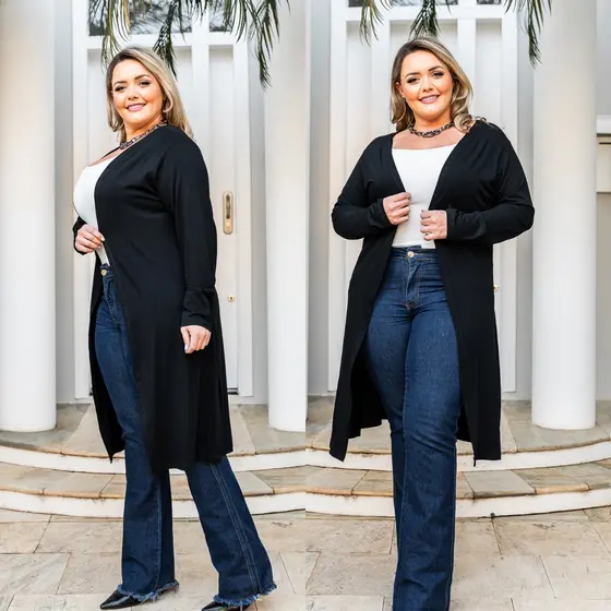 Casaco Plus Size Manga Longa Kimono Cardigan Com Fendas Laterais Básico Moda Feminina Outono Inverno