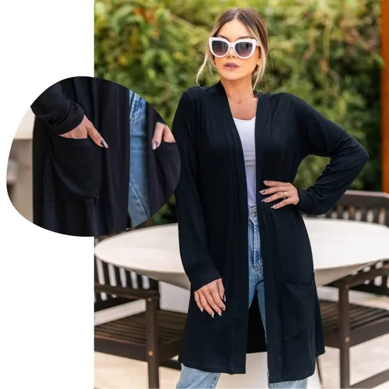 Cardigan Kimono Feminino Longo Com Bolso Sobretudo Casaco