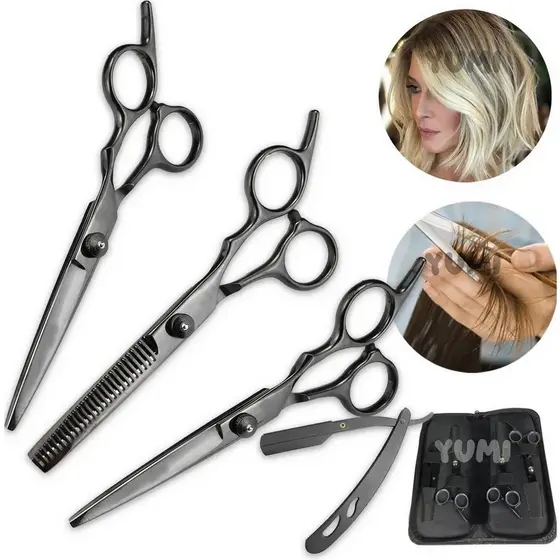 Kit 3 Tesouras Profissional Cabeleireiro Barbeiro + Navalha + Case Promoção Cabelo Barba