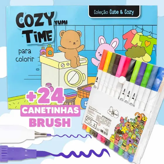 Kit Livro de Colorir Cozy Time Goods + Canetas Marcadores Canetinhas Ponta Dupla Touch Brush Pen