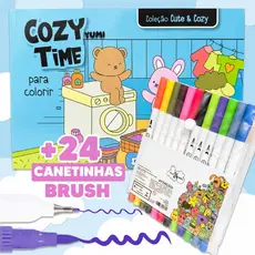 Kit Livro de Colorir Cozy Time Goods + Canetas Marcadores Canetinhas Ponta Dupla Touch Brush Pen