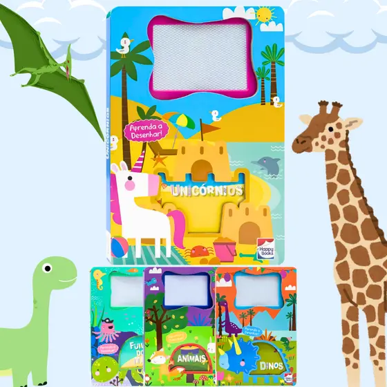 Coleção Livro De Desenho Infantil Com Lousa Mágica Animais Dinossauros Unicórnios- Desenhe E Apague