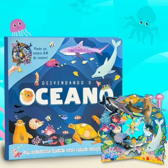 Livro Oceano 3D | Animais Marinhos + Cenário Decorativo Gigante | Capa Dura Livro Educativo