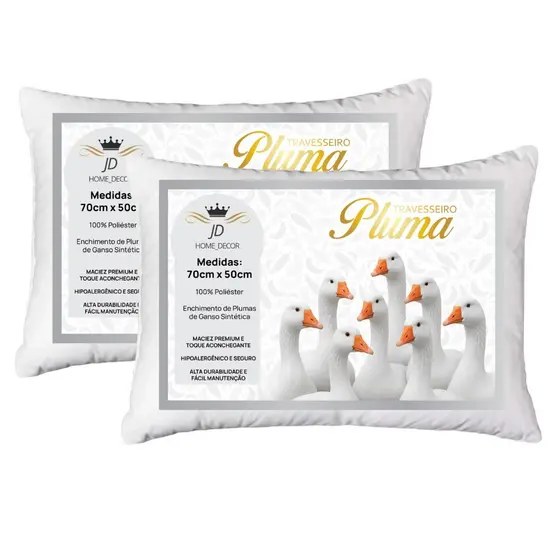 Kit 2 Travesseiros Pluma de Ganso Toque Macio Descanso Antiácaro 70x50cm Luxo