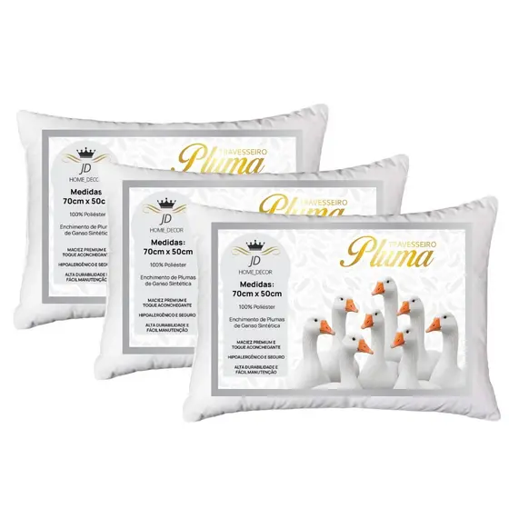 Kit 3 Travesseiros Pluma de Ganso Toque Macio Descanso Antiácaro 70x50cm Luxo
