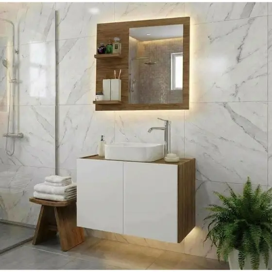 Conjunto Gabinete Banheiro Paris Com Cuba Espelho Prateleira