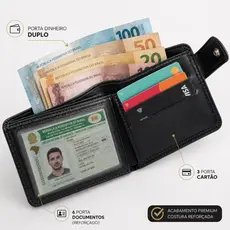 Carteira Completa Couro Masculina Com Botão 2 Porta Fotos 3x4