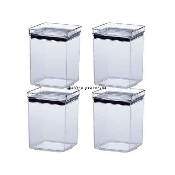 04 Potes Mantimento Hermético Empilhável Quadrado 1000 Ml