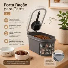 Porta Ração Pets Cães e Gatos 2 Litros Tampa Hermetica e Dosador Conserva e Protege