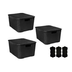 Kit 3 Caixas Organizadoras Rattan 15L preto C/ Tampa + 3 Etiquetas